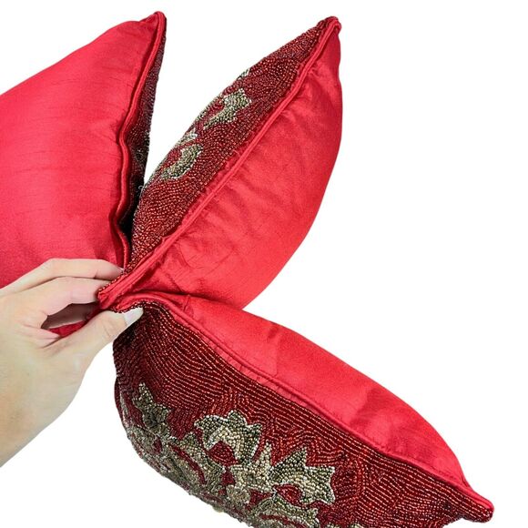 x3 Pier 1 Red Satin Heavily Beaded Geometric Snowflake Festive Pillows Holiday - Picture 5 of 12